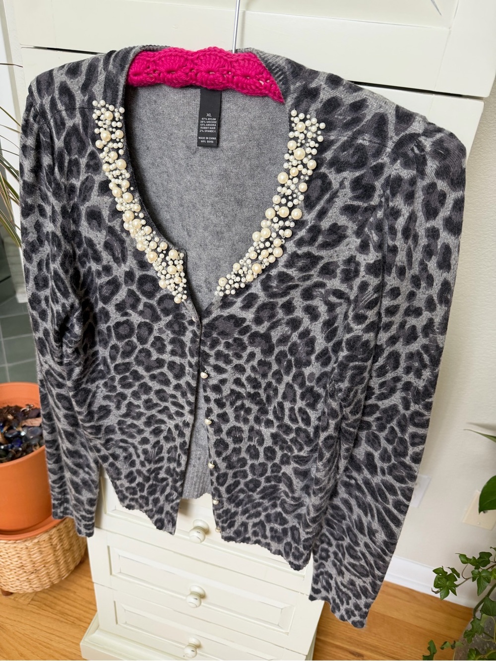 Embellished Pearl Grey Leopard-Print Cardigan